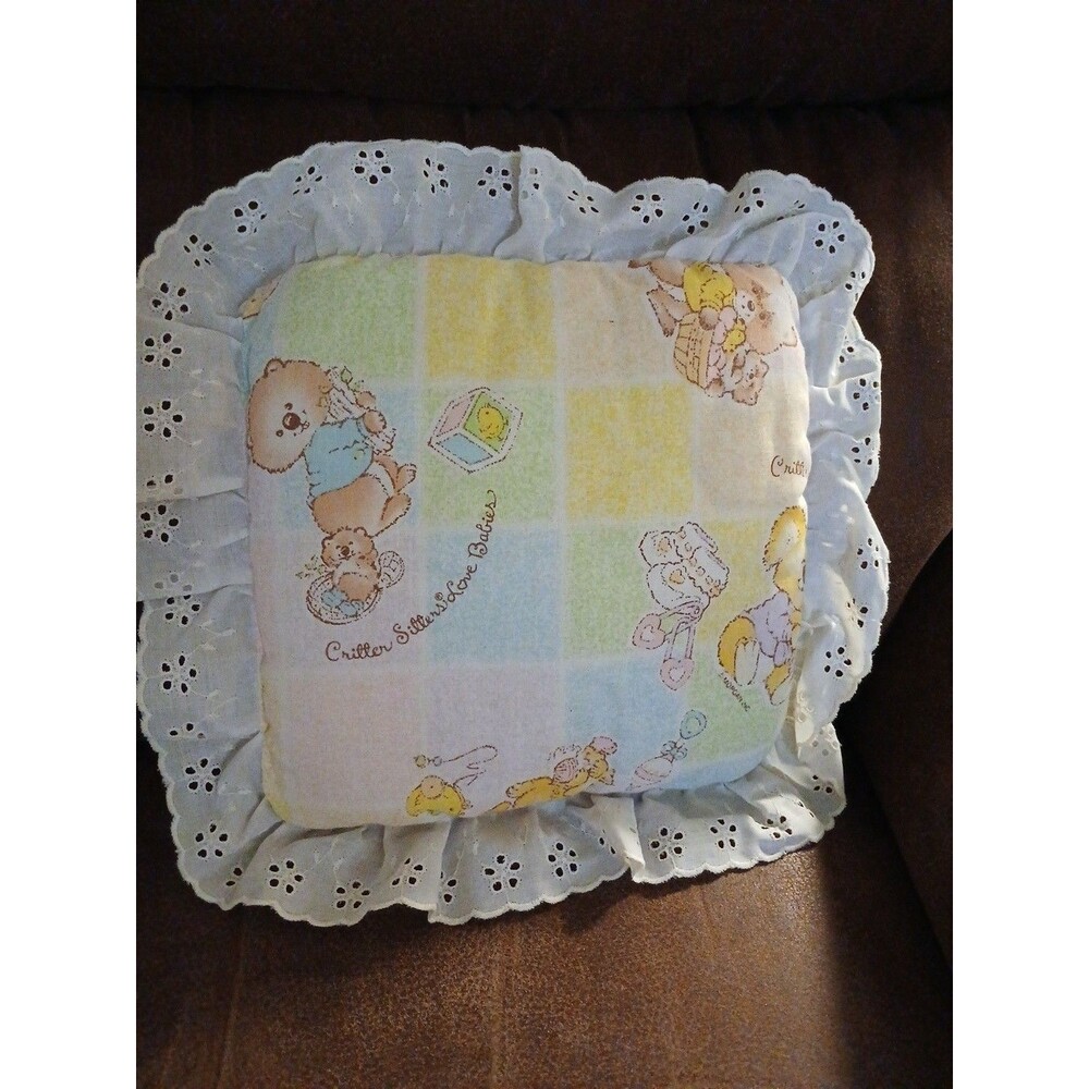 Critter Sitters Love Babies Vintage Handmade Baby Pillow Lace Trim 9"  12" Trim